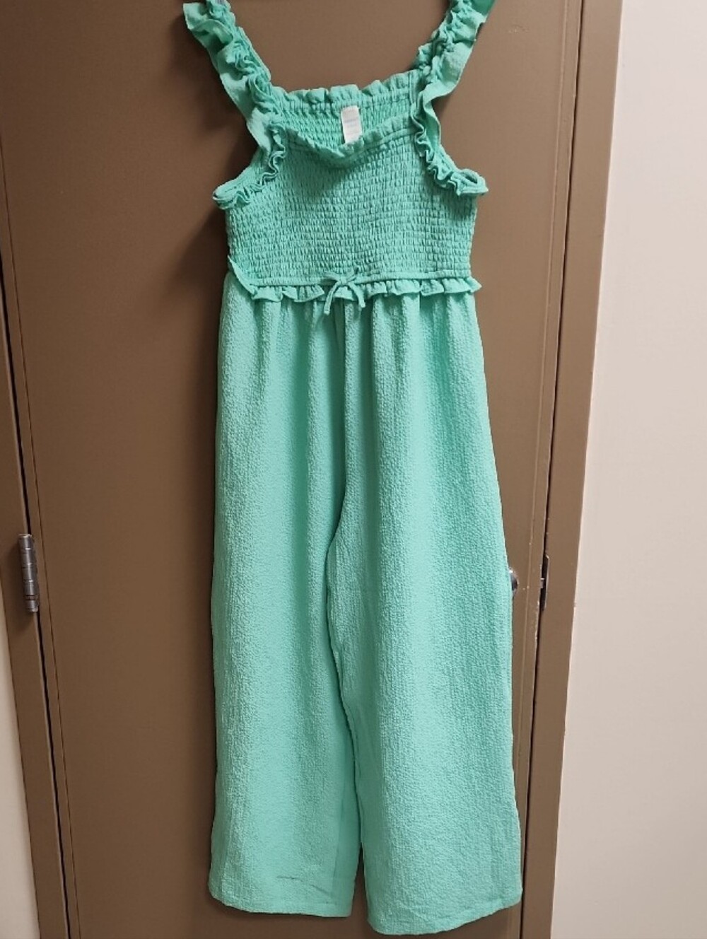 Girls Xtra Large-Plus Mint Green Smocked Wide-Leg Jumpsuit.